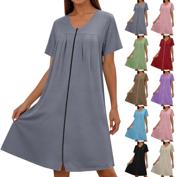 HBBIKVI Zip-Front House Dress for Women Comfort Short Sleeve Tunic Shift Dress with Ruched Detailing for Easy Relaxed Loungewear Style