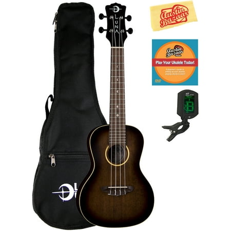 Luna Uke Artist Vintage Distressed Concert Ukulele Bundle with Gig Bag, Tuner, Austin Bazaar Instructional DVD, and Polishing Cloth