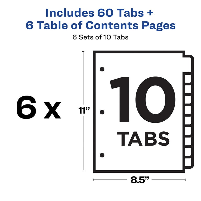 Avery Ready Index 10 Tab Dividers, Customizable TOC, 6 Sets (11188)