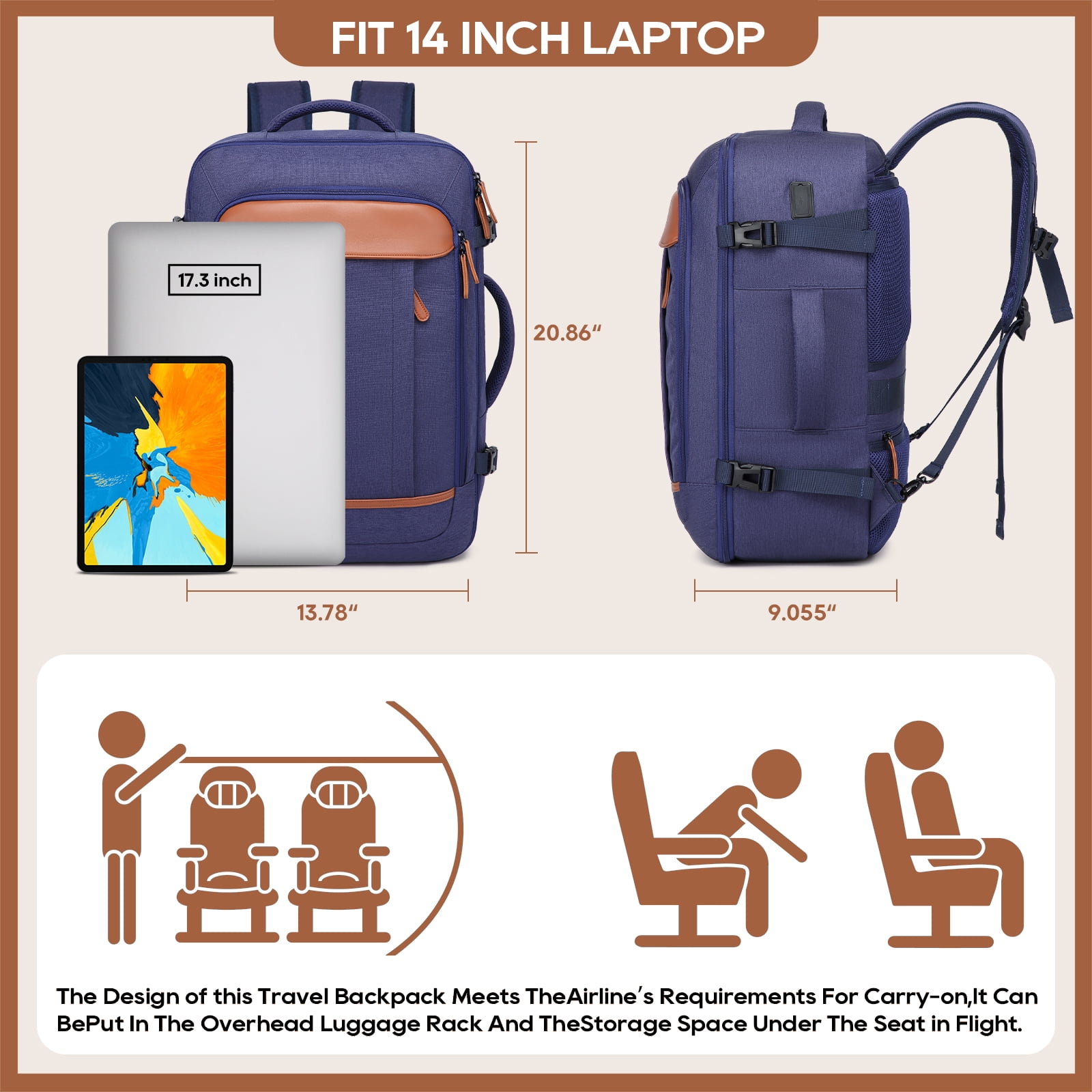 Joyway 2-Piece Travel Backpack Set Airline-Approved Waterproof Carry-On Luggage with USB Charging Port Comfortable Straps & Matching Toiletry Bag