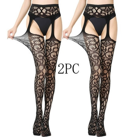 YUTK Leggs Pantyhose for Women - 2Pc Women Sexy Lace Leggings Pants Fishnet Netting Stockings Net Sexy Lingerie Transparent Hollow Out Hanging Stockings - Black Free Size