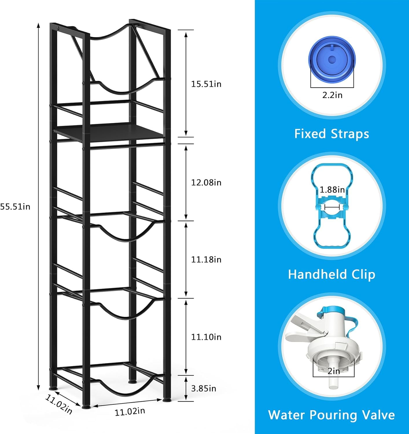 2-in-1 Blue 5-Gallon Water Jug Holder with 5-Tier Steel Storage Rack and Dispenser Valve
