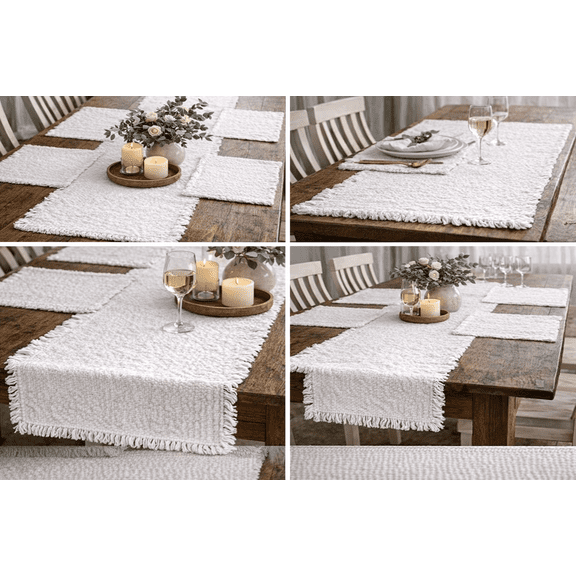 181 Degrees White Table Runner 19x92 with 4 Placemats 14x19 Set, Farmhouse Textured Dining Table Decor, Modern Table Runner & Placemat Set