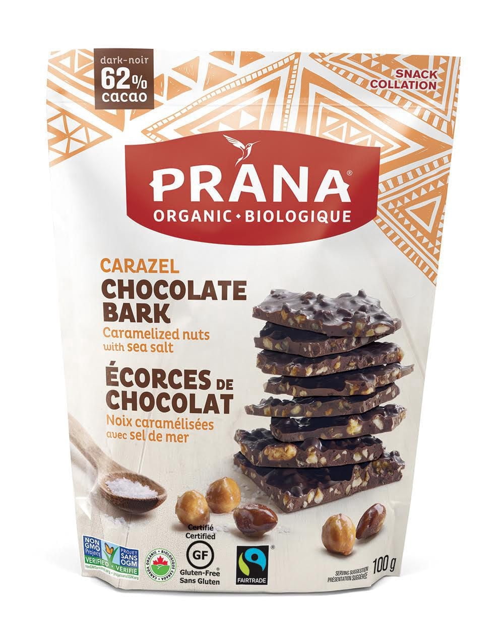 Écorces chocolatées 62 % Carazel de Prana Biologique aux noix caramélisées et sel de mer