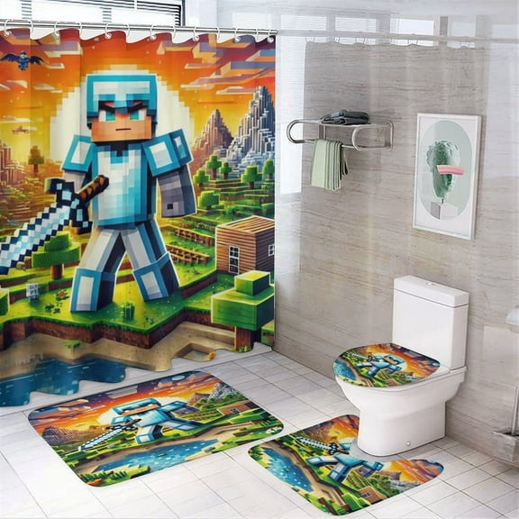 Minecraft Power 4 Pcs Shower Curtain Sets Non-Slip Rugs Bath Mat Toilet Cover U Shaped Mat for Bathroom Decor Bathroom Set 72" X 72"