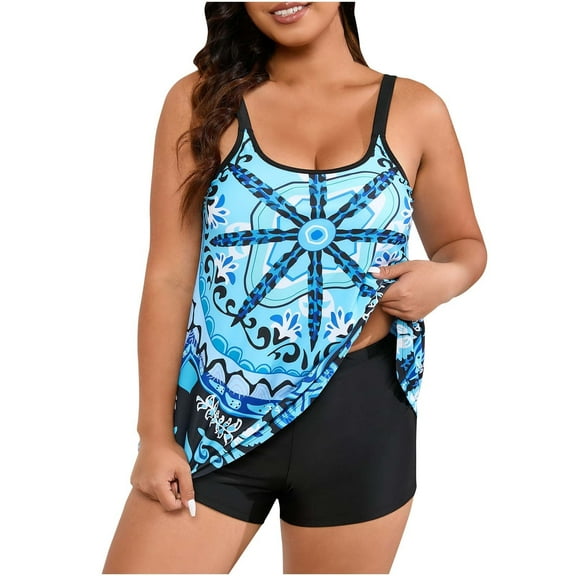 WREESH Womens Tankini Plus Size 2025 Spring Fashion Plus Size Conservative Skirt Style Two-Piece Swimsuit Suit Beach Bathing Suit Blue
