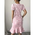 thumbnail image 2 of Pink Floral Embroidered Puff Sleeve Ruffle Hem Midi Fit & Flare Dress, 2 of 30