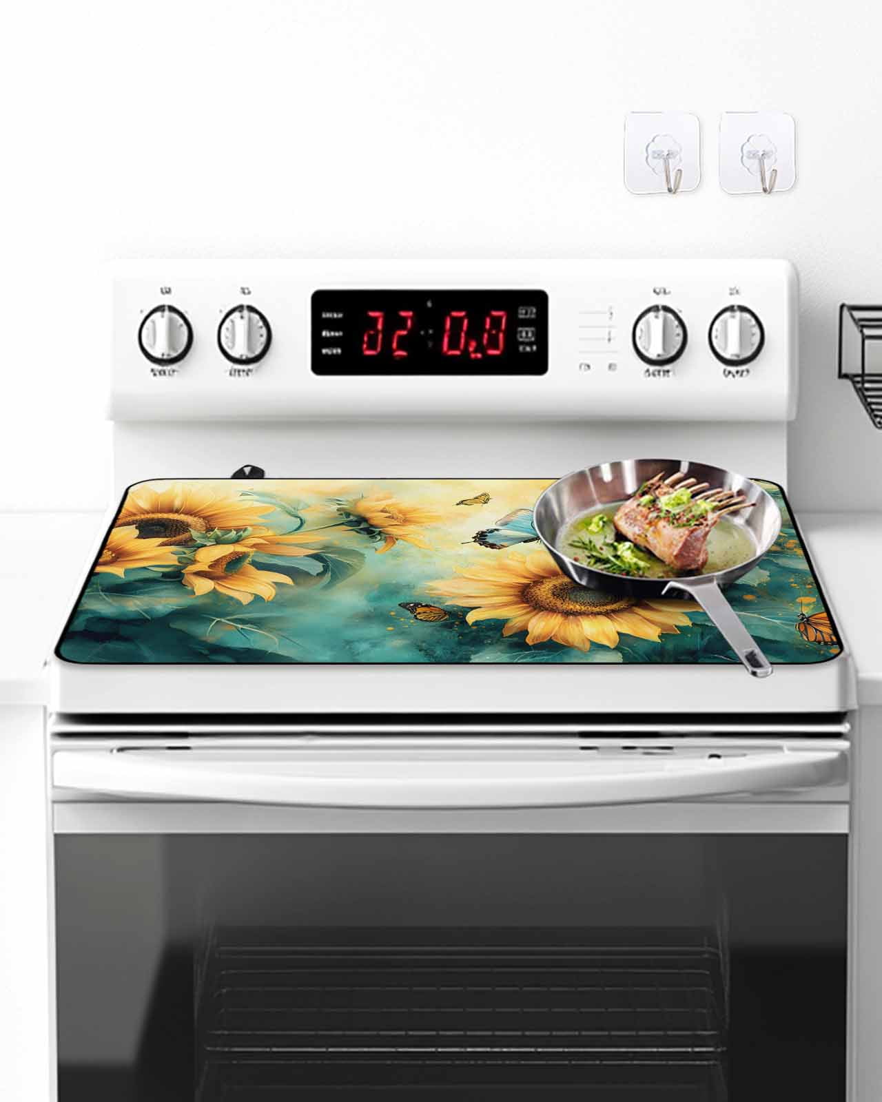 Stove Top Covers for Electric Stove, Sunflower Butterfly Glass Stovetop Cover Protector, Retro Green Yellow Pastoral Floral Induction Cooktop Protector Oven Mat for Kitchen Countertop 24"x21"