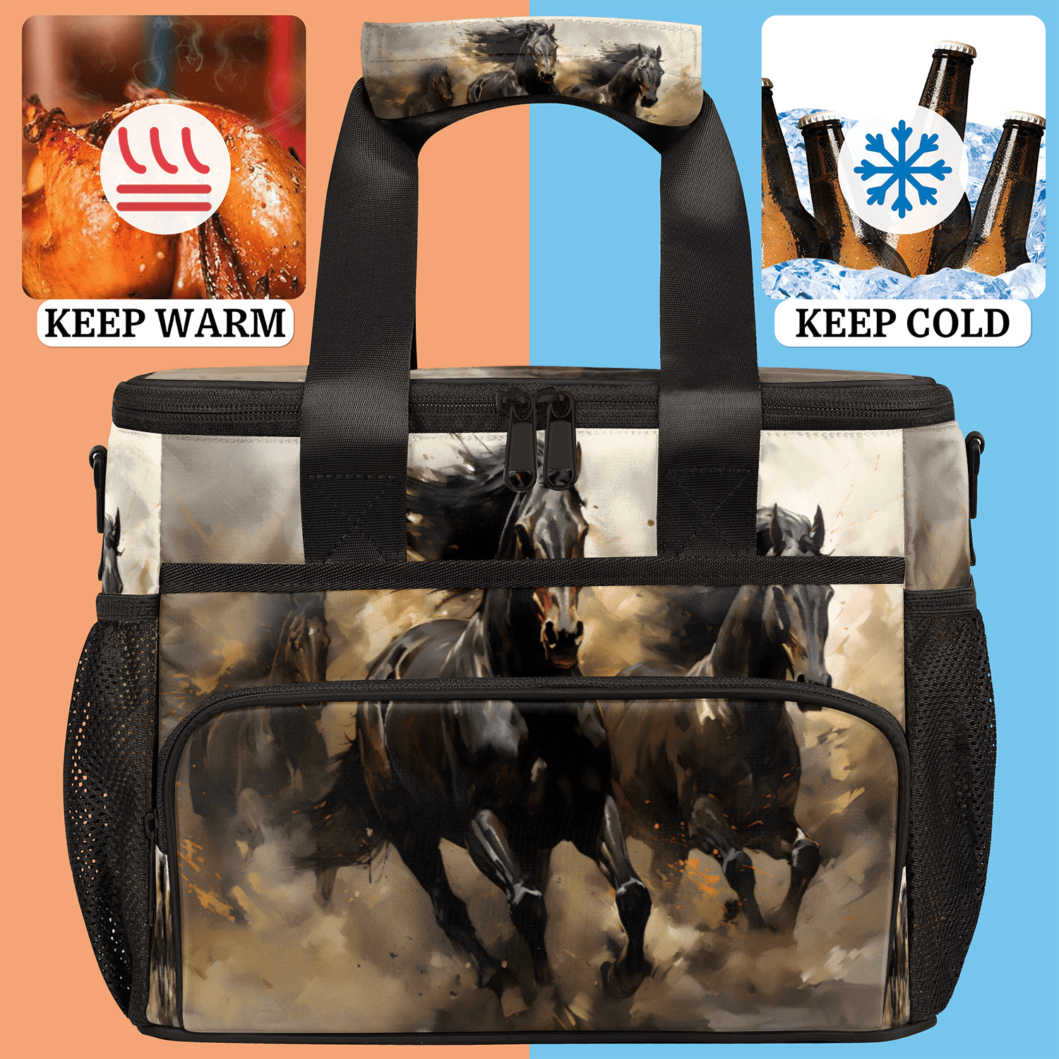 Herdesigns Horse Large Lunch Box for Adults Women Men with Adjustable Shoulder Strap, Insulated Reusable Lunch Bag Leakproof Cooler Tote Bag