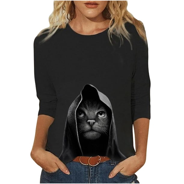 Blusa de cuello redondo de manga larga con estampado de gato sólido suelto clásico para mujer Pompotops gfhjh16527