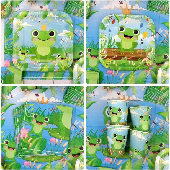 Frog Birthday Party Decorations - Frog Party Supplies including Backdrop, Plate, Cake Topper, Cup, Napkin, Balloon, Tablecloth for Frog Party Decoration - Serves 20 (C)$$Home Decor, Kitchen, & Other