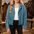 thumbnail image 3 of Ticikt Girls Fringe Jacket, Suede Cropped Coat, Notched Lapel Long Sleeve Western Style Open Front Outerwear,Blue, 3 of 8