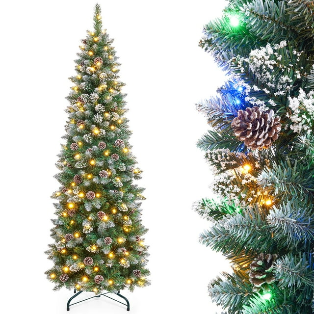 Árbol de Navidad Homde Lápiz de 2,1 m con luces Y nieve Decoración navideña