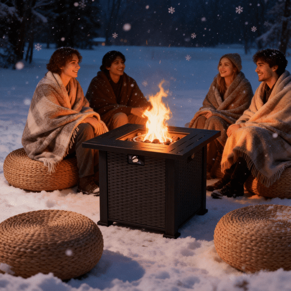 28" Propane Outdoor Fire Pit Table, 50,000 BTU Square Gas Fire Pit with Lid, Heavy-Duty Steel & Rattan Base, Perfect for Backyard, Patio, Garden & Parties