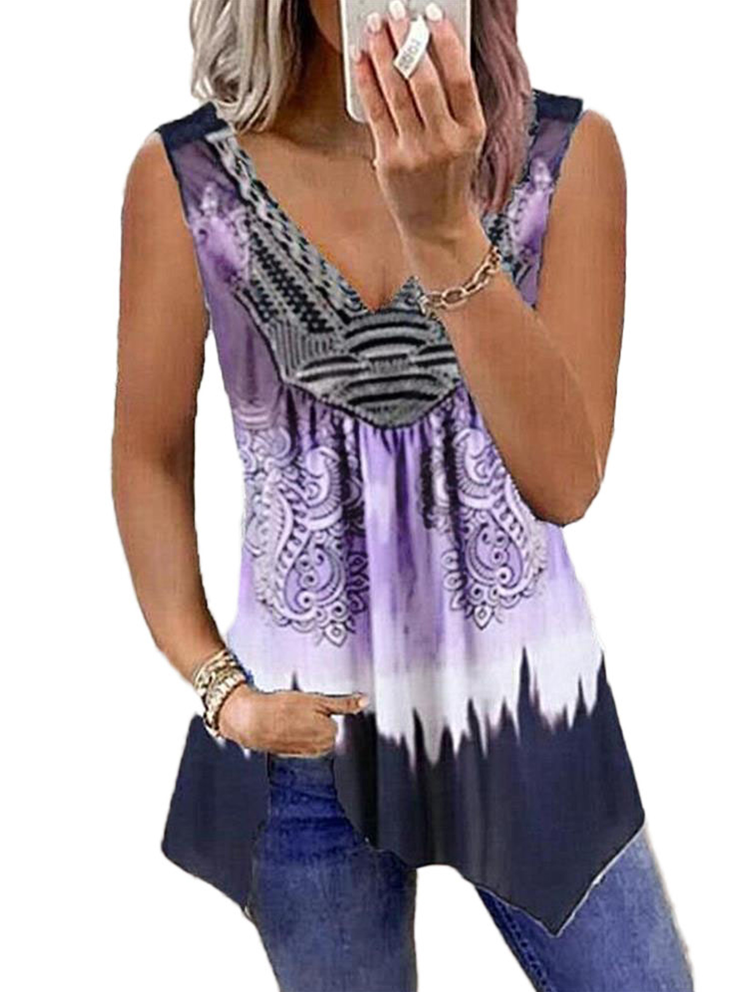 Women Boho Floral Sleeveless Vest Blouse T-shirt Holiday Loose Casual Tank Tops