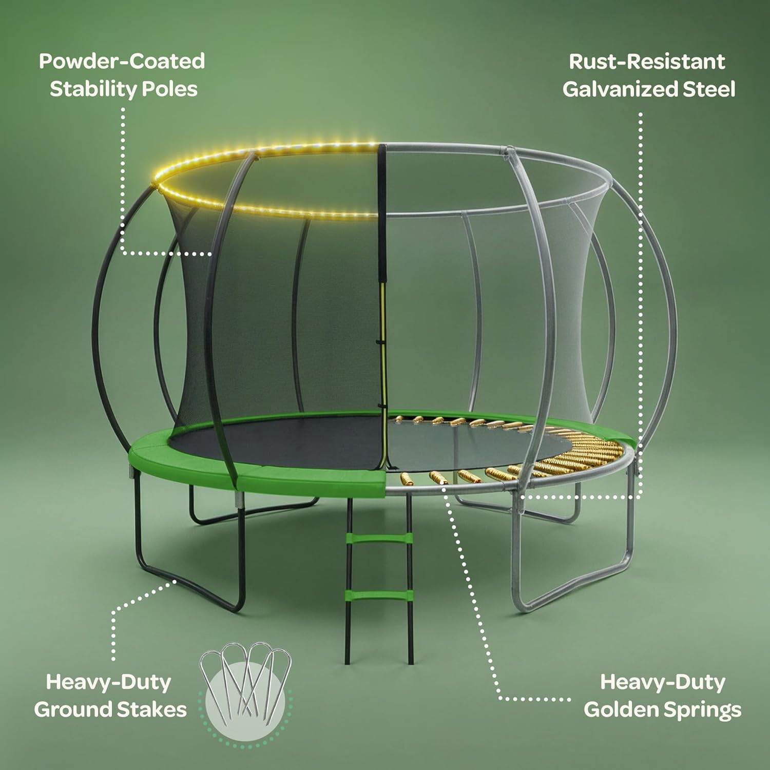 JoyBerri Trampoline Outdoor – 12Ft Recreational Trampoline with Enclosure Net, Ladder, LED Lights & Sprinkler – ASTM Certified Safe - Green