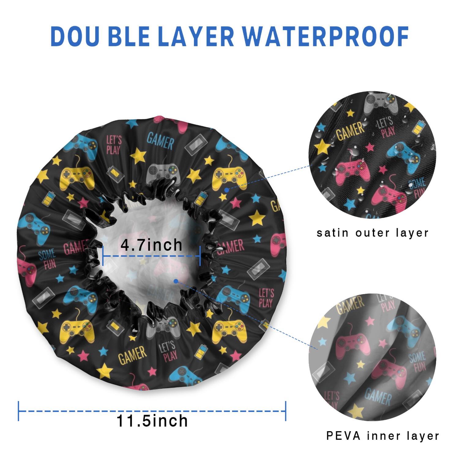 Shower Caps,Blue Controllers Games Icons Black Pattern Waterproof Shower Cap for Women 4 Pieces,Double Reusable Hair Cover for Shower PEVA Elastic Stretch Hem
