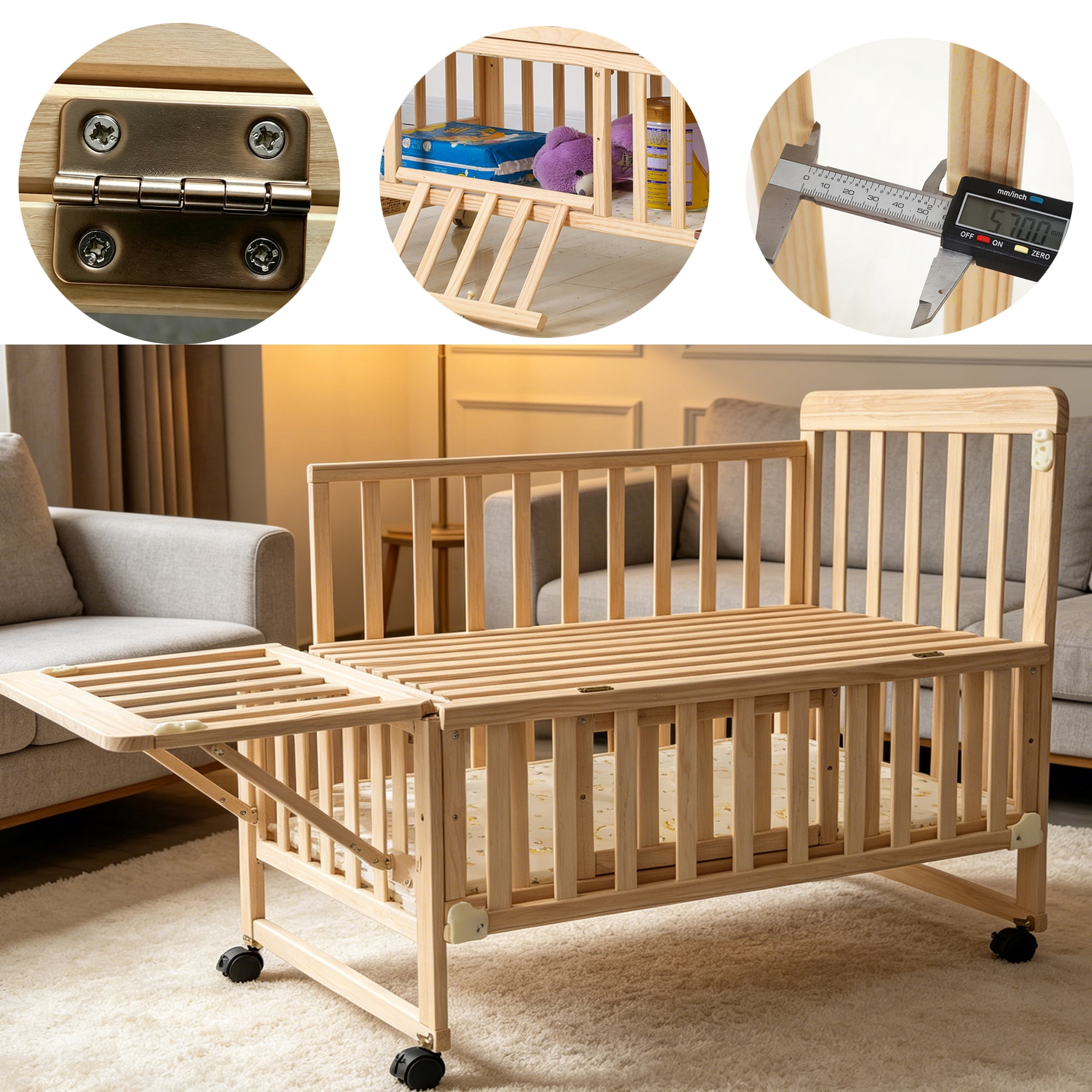 5-in-1 Convertible Baby Crib, Solid New Zealand Pine Wood, 2-Position Adjustable Mattress Base, Under-Crib Storage, Anti-Chew Guard Strips for Nursery