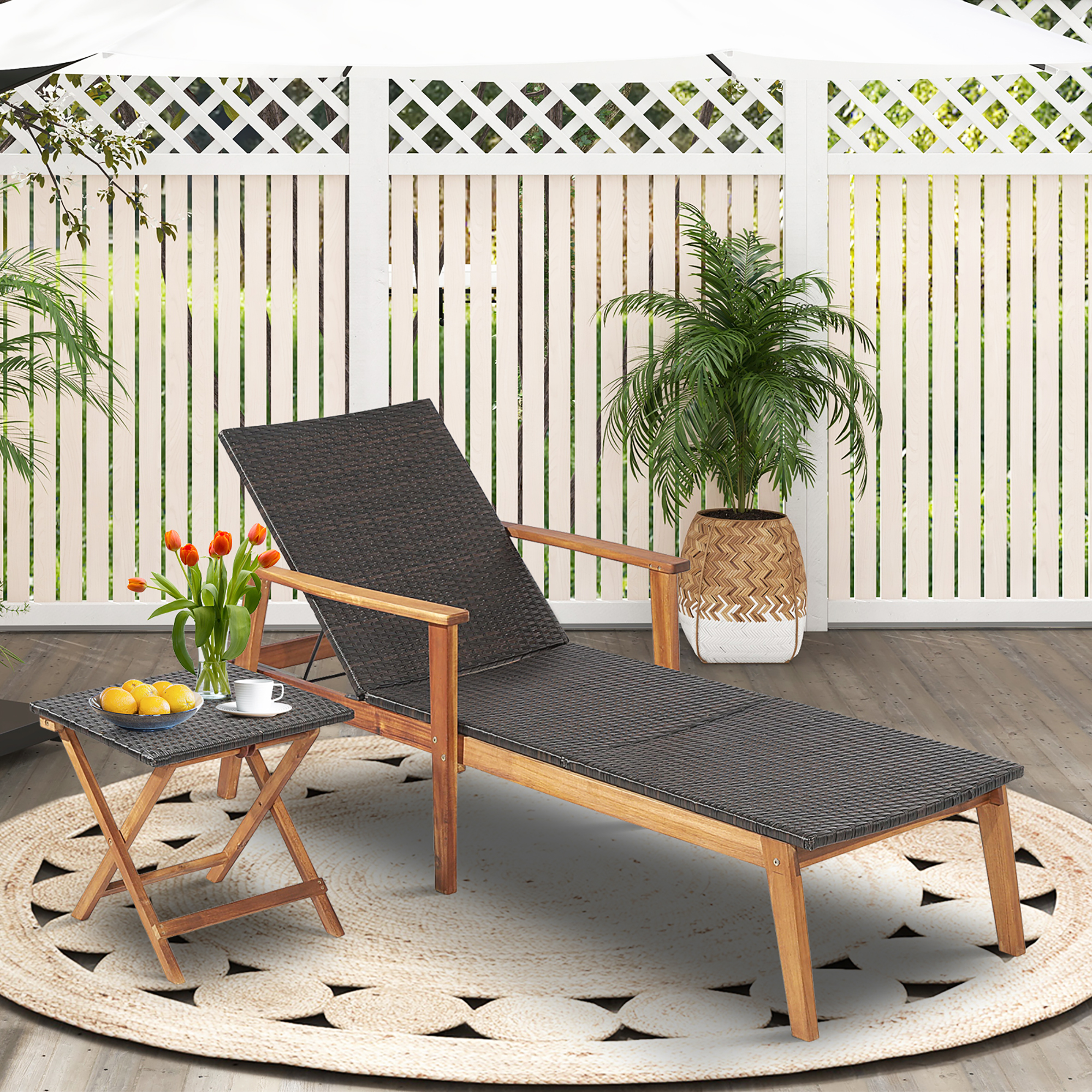 Costway Patio Rattan Chaise Lounge Chair Recliner Back Adjustable Acacia Wood Garden - image 3 of 8