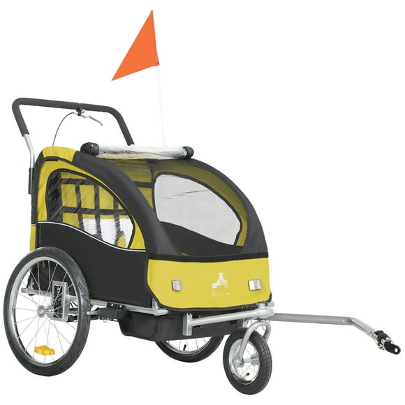Aosom Remorque Vélo 2-en-1 pour Enfants, Porte-Bébé Poussette Pliable, Jaune