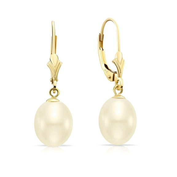 Tilo Jewelry 14K Yellow Gold 8.5-9mm White Freshwater Pearl Drop Earrings with Secure Leaver-Backs | Handmade Fancy Earrings for Women & Unisex
