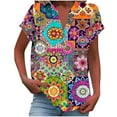 thumbnail image 1 of Camisetas de Manga Corta para las Mujeres Casual Impreso Botón Casa V-Cuello Camiseta Blusas, Poliéster, 1 of 6