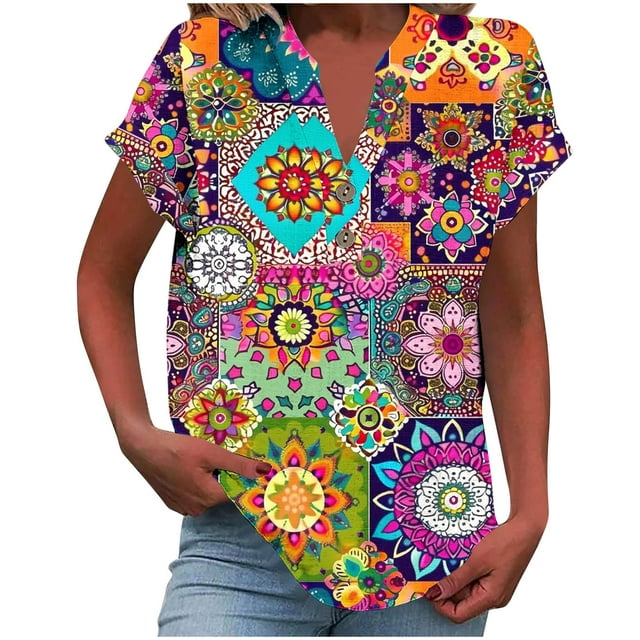 Camisetas de Manga Corta para las Mujeres Casual Impreso Botón Casa V-Cuello Camiseta Blusas, Poliéster