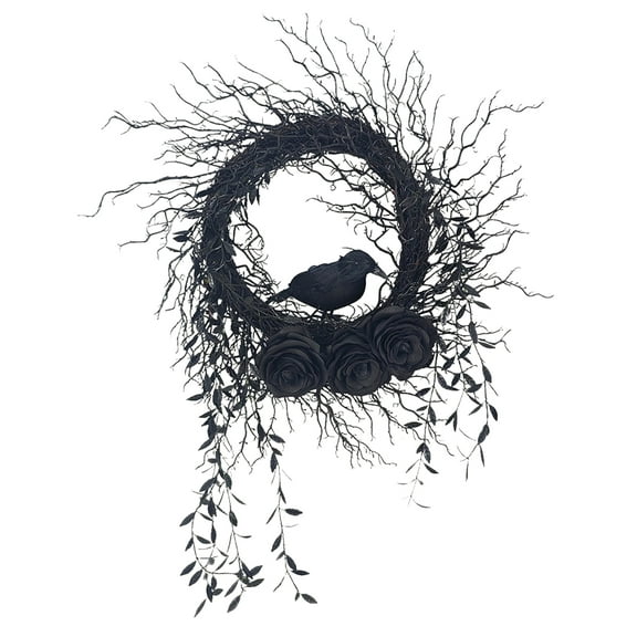 Halloween Wreath Decoration With Crow Wreath For Front Door, Artificial Rose Vine Crows Halloween Decorations Wreath