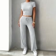 thumbnail image 4 of Bosfbaoi Two Piece Sets for Women Crew Neck Short Sleeve Crop Top and Drawstring Elastic Waist Straight Leg Pants Casual Womens Summer Outfits, 4 of 6