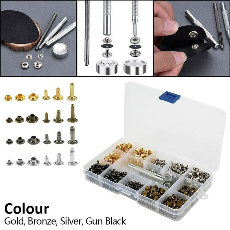 Willstar 480PCS Leather Rivets Kit Double Cap Brass Snap Fasteners Metal  Tubular Rivet Studs Simple Cap with Fixing Tools Kit for Leather Repair and  Crafts 
