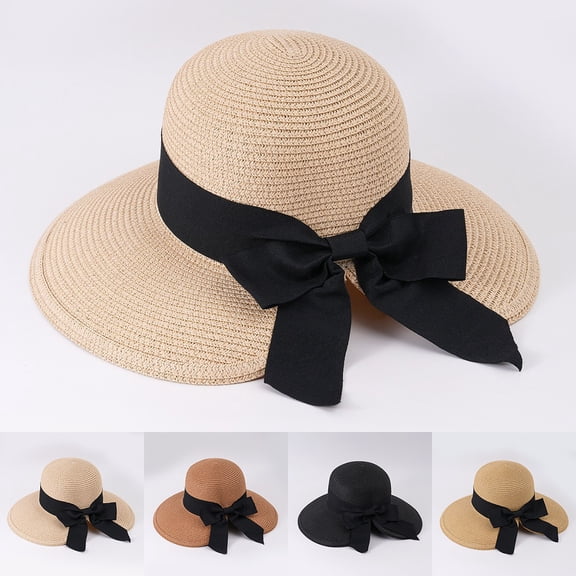 XINPING Women's Bowknot Straw Sun Hat, Wide Brim UV Protection Beach Vacation Hat with Black Bow Tie, Packable and Breathable Fishing Summer Hat for Outdoor Activities