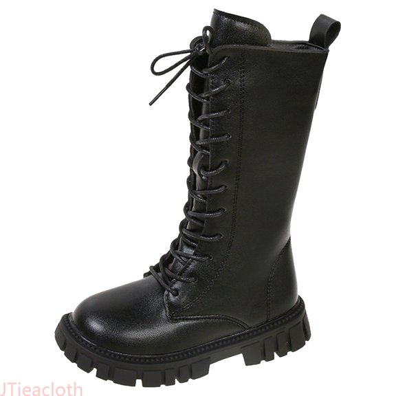 JTieacloth Toddler Girls Combat Boots Lace-Up Side Zipper Warm Lined Winter Mid Calf Riding Boot Little Kid/Big Kid(Black)