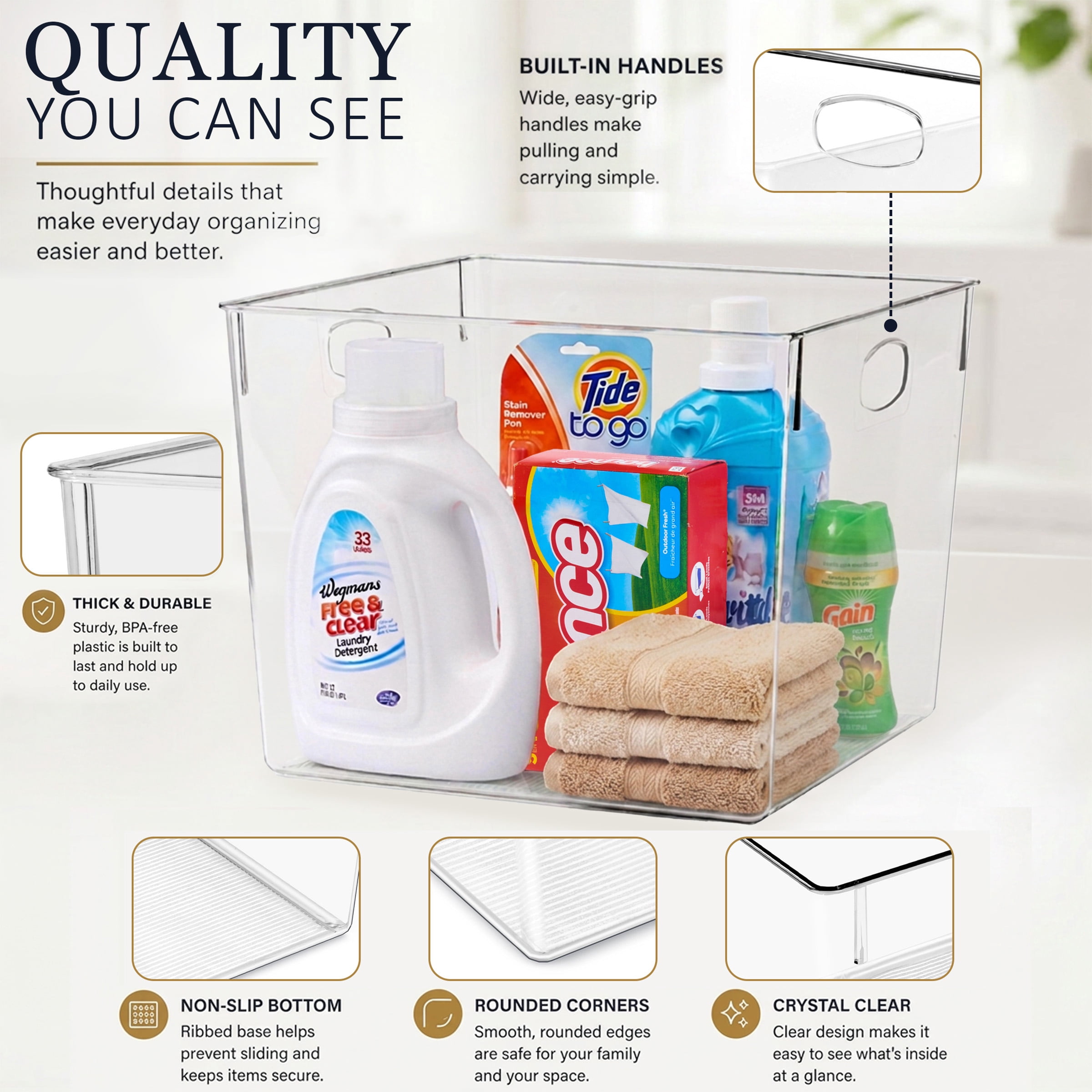 Sorbus 4-Pack Clear Stackable Storage Bins with Handles, BPA-Free Extra Large Square Organizers