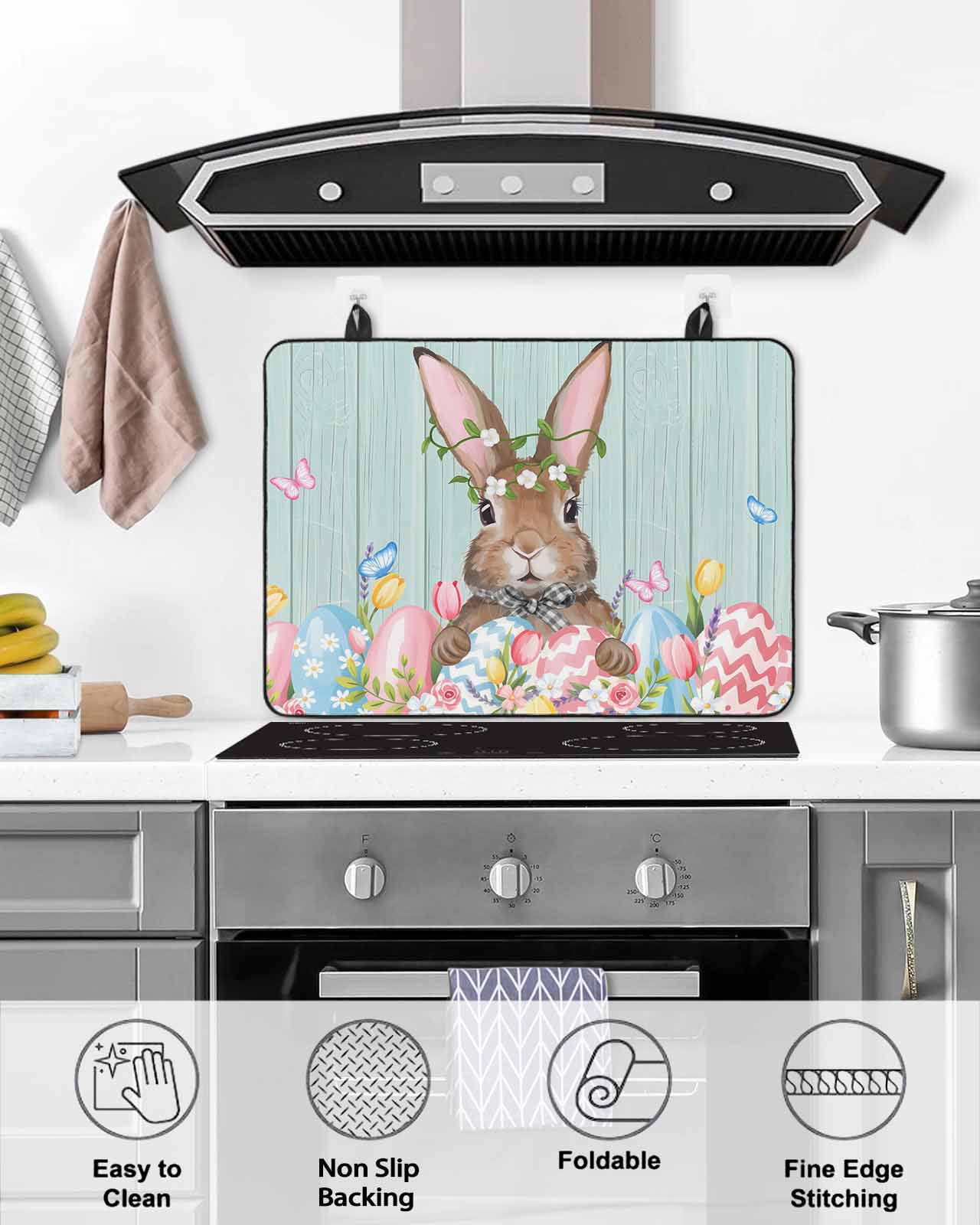 Large Induction Cooktop Protector Mat Bunny Easter Stove Top Covers for Electric Stove, Pink Blue Eggs Tulips Floral Rabbit Wooden Decorative Stove Burner Cover Mats, Glass Top Stove Cover