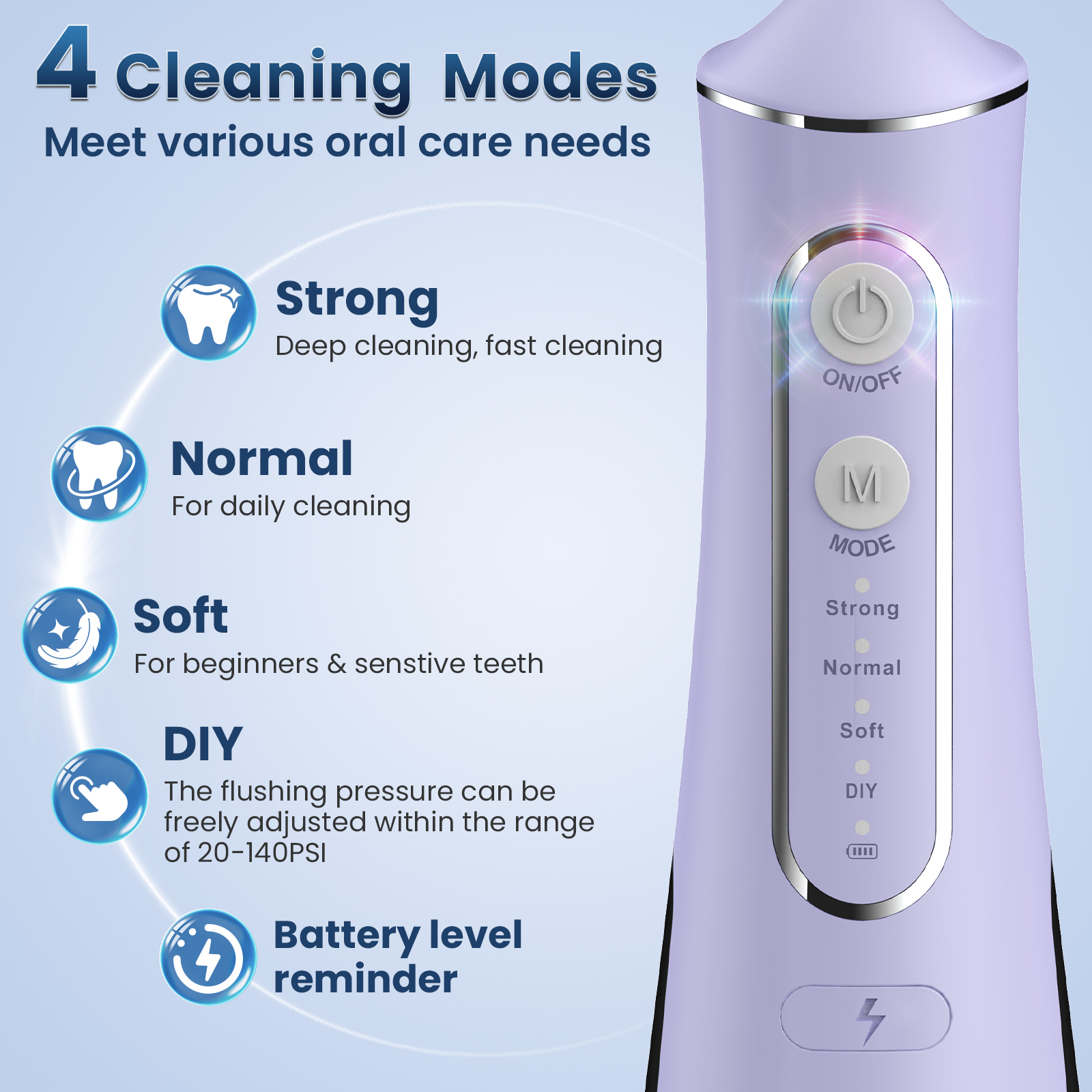 OasiSmile Irrigador Dental para Limpieza Dental, Irrigador Oral Inalámbrico Portátil Recargable de 300ml con 5 Puntas para Hogar, Viajes y Oficina, Púrpura 3