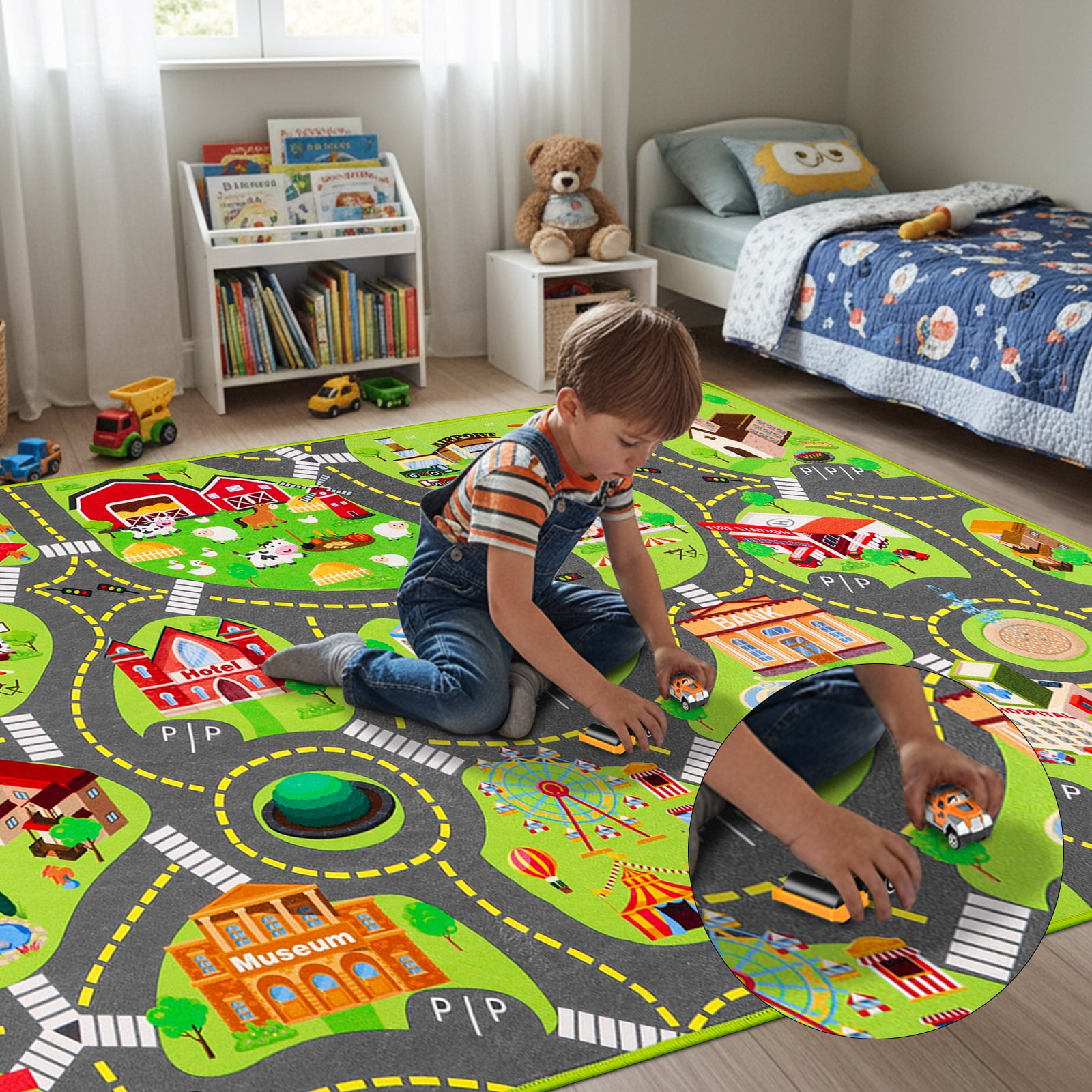 Kids Car Rug Play Mat, Kids Road Car Play Rug for Toy Cars, Educational Town City Map Carpet Vehicle Mat for Boy Playroom Bedroom, Non Slip Car Track Rugs for Kid Baby Children (78.7"X47.3", A)
