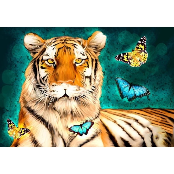Pintura de diamante (DE5035) Tigre mariposas 5D Cuadro de pared cuadrado 30x40cm 40x50cm Hugtrwg Para estrenar