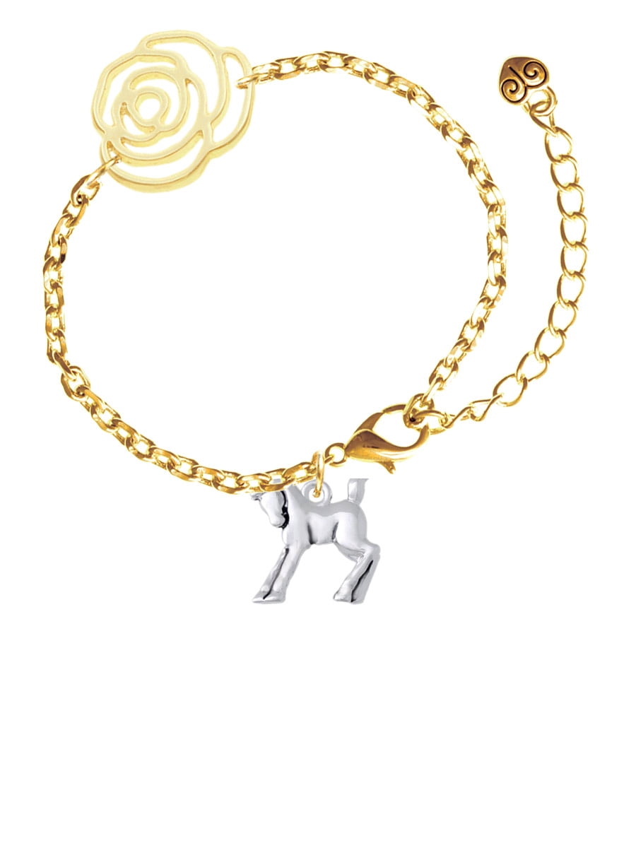 Delight Jewelry Silvertone Equestrian Horse Gold-tone Flower Link Chain Bracelet, 6.75"+2" Extender