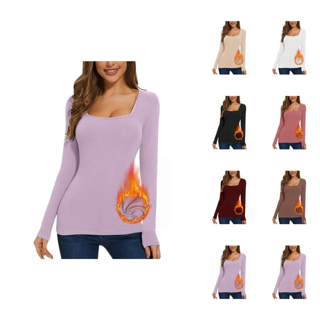 Hauts à Manches Longues pour Femmes 2026 Automne Hiver Basique Col Carré Ajusté sous-Vêtement Respirant T-Shirt