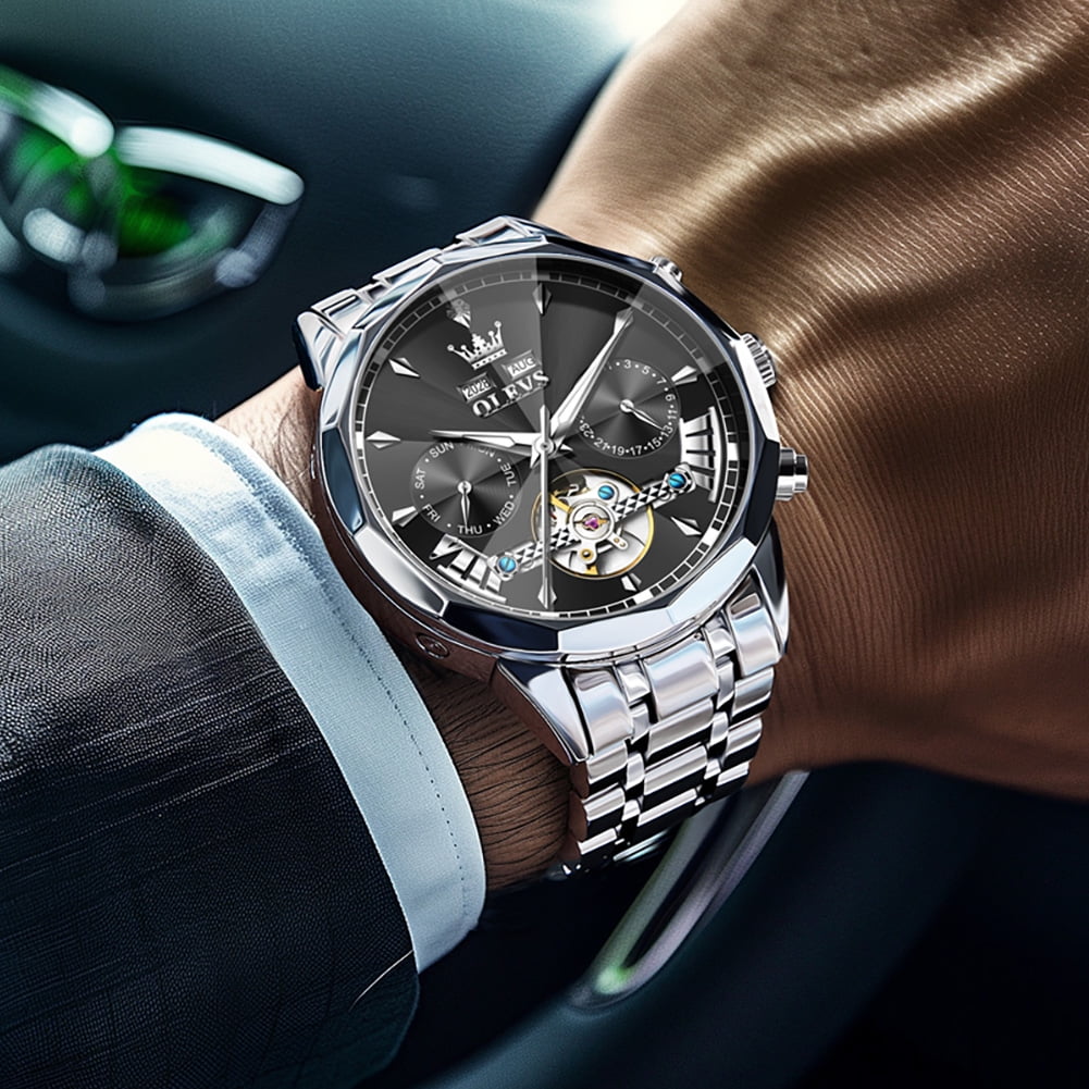 OLEVS Automatic Watches for Men Luxury Dress Waterproof Self Winding Mechanical Chronograph Diamond Stainless Steel Luminous Date Skeleton Tourbillon Mens Watches Gift Reloj Para Hombre Black Dial