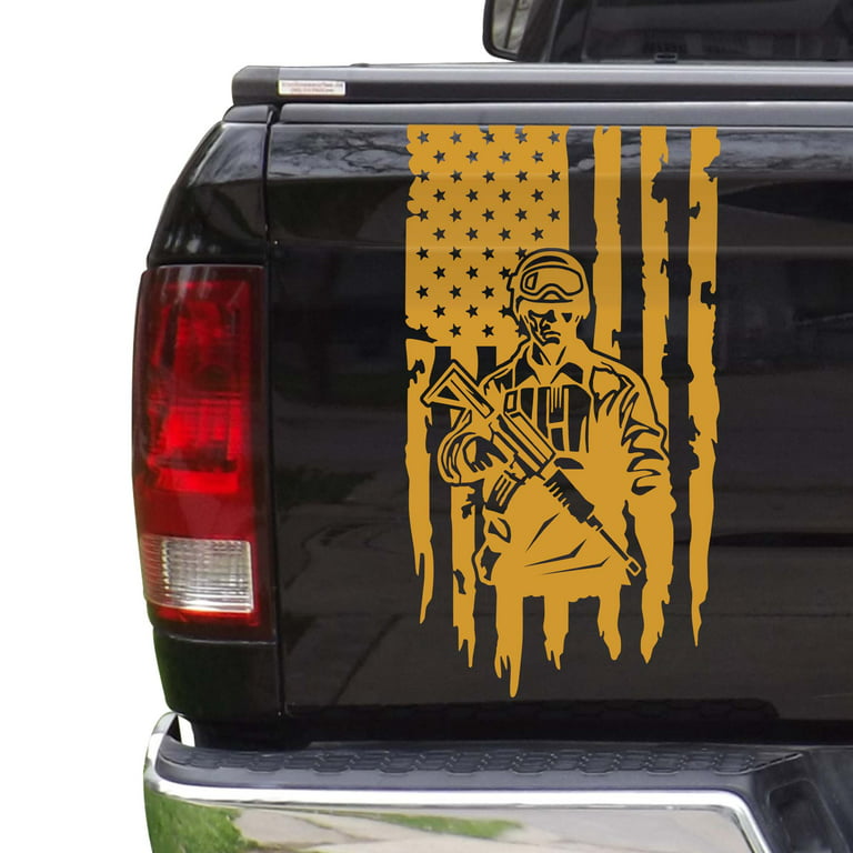 Soldier Enlisted Man Fighter U.S. Army USMC USAF Distressed American USA US  Flag Truck Tailgate Vinyl Decal Fits most Pickup Trucks Military Sticker  Veteran Retired (11 x 20, Imitation Gold) 