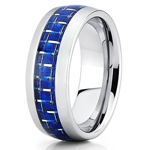 Tungsten Wedding Band Carbon Fiber Ring Blue Tungsten Ring 8mm Tungsten Band Men and Women Comfort Fit