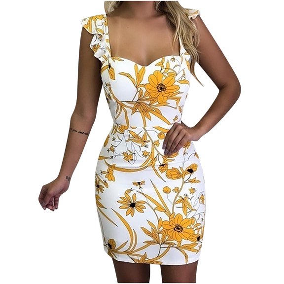 Lilgiuy Women Printing Sleeveless Sling Dress Backless Casual Buttocks Dress