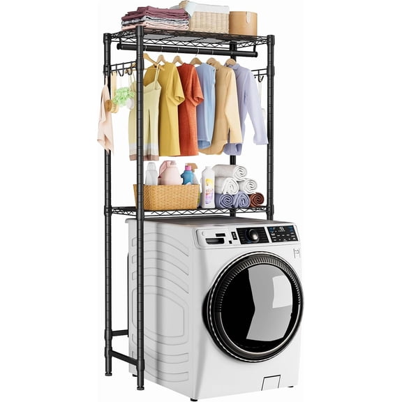 Over Washer and Dryer Shelves,Heavy Duty Laundry Room Storage Organization Clothes Drying Rack,5 Tier Adjustable Height Wire Shelving and Wire Basket with Hanger Rod&Hook