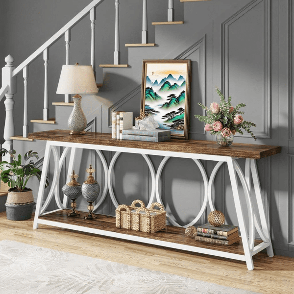 70.9" Vintage Rustic Console Table - Wood & Black Metal, 1.57" Particle Board with Bottom Shelf, 230lb Capacity for Living Room, Entryway, Behind Couch, Hallway