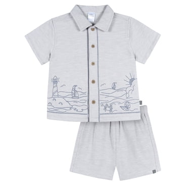Modern Moments by Gerber Toddler Boy Button Front Shirt with Embroidery Set, 2-Piece, Sizes 12 Months - 5T