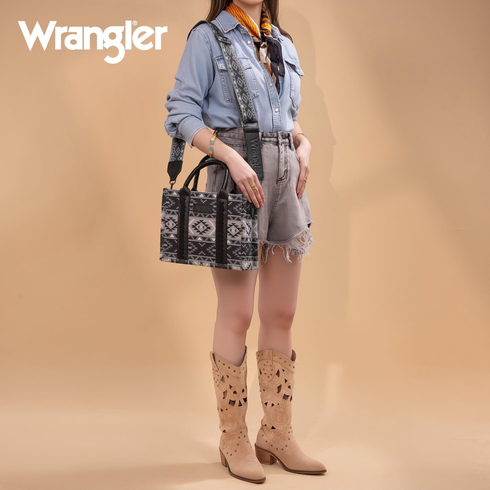 Wrangler Aztec Tote Bag for Women Boho Shoulder Purses and Handbags, Aztec Black