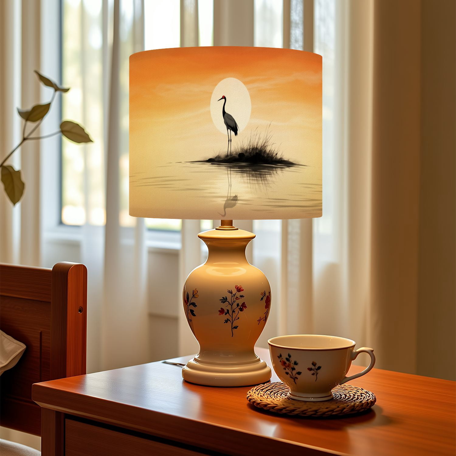 Linen Drum Lampshades Solitary Crane Silhouette Sunrise Waters Wildlife Oriental 13"x13"x10" Light Shade for Table Lamps Floor Lamp Shades Lampshade Replacement Assembly Required