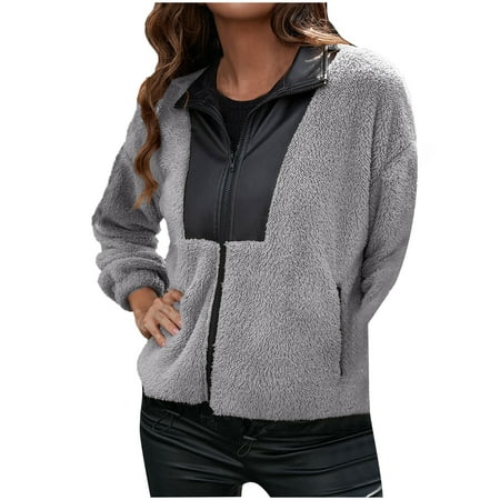 

Trench Coats for Women faux Leather Jacket Women Trendy Womens Warm Faux Coat Jacket Winter Patchword Long Sleeve Outerwear Cardigan for Women New Arrival Womens Jacket Gray M