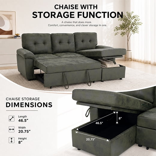 Leumius 88.5" Sectional Sofa with Pull-Out Bed,Convertible L-Shaped Sofa with Storage Chaise,and Soft and Soft Padded Armrests,Olive Green